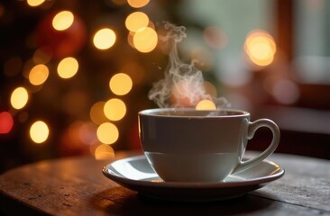 Obraz premium Photo of luxury white cup with tasty coffee, Christmastime table setting, tea mug on brown glowing background, festive star decoration, New Year ornament, Christmas home decor