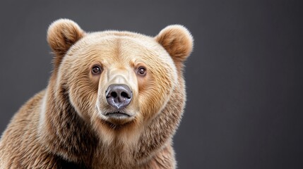 Fototapeta premium Front view of brown bear isolated on black background. Portrait of Kamchatka bear