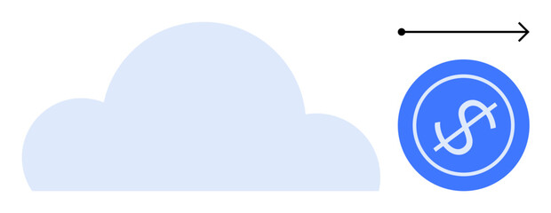 Blue cloud, arrow indicating movement, blue dollar coin. Ideal for cloud storage, technology, finance, data transfer, digital analytics online savings investment. Simple flat metaphor