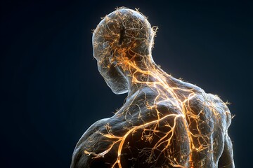 Anatomical illustration of the human nervous system highlighting the intricate network of nerves and their connections within the body