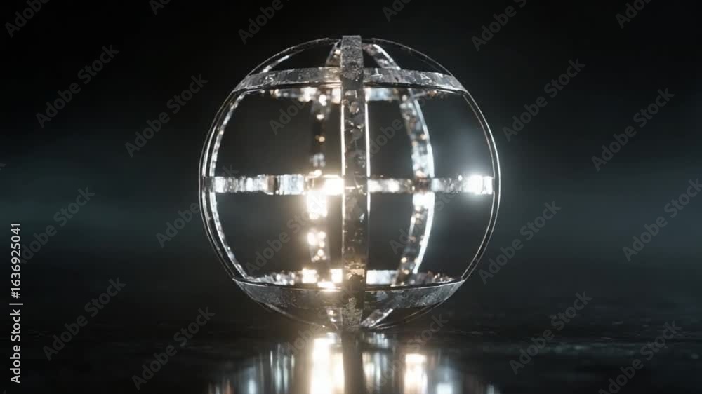 Poster a metallic sphere with a geometric, cage-like structure sits on a dark, reflective surface, illumina