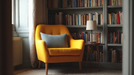 Cozy Reading Nook With Yellow Armchair And Bookshelf. Inviting Space For Relaxation And Literature Enjoyment
