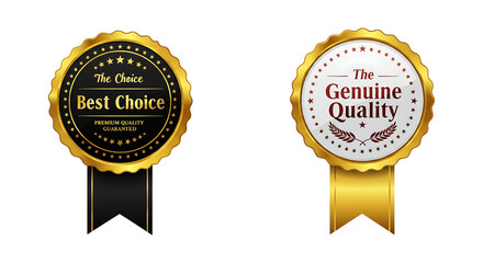 Two golden oval badges with ribbons isolated on transparent background