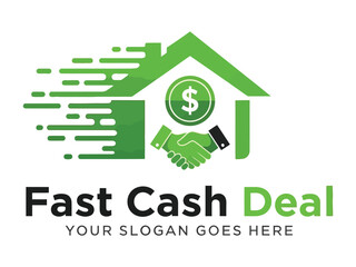 Fast Cash Deal Logo: A vibrant logo illustrates a fast cash real estate deal. The image features a handshake and money icon set inside of a house. The accompanying slogan is perfect for advertising.
