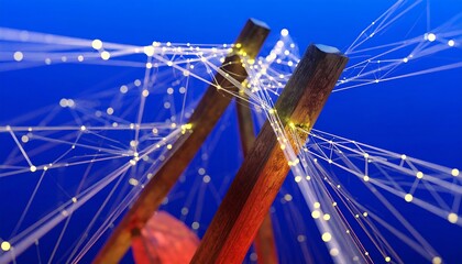 Abstract digital art, wooden structure, glowing network