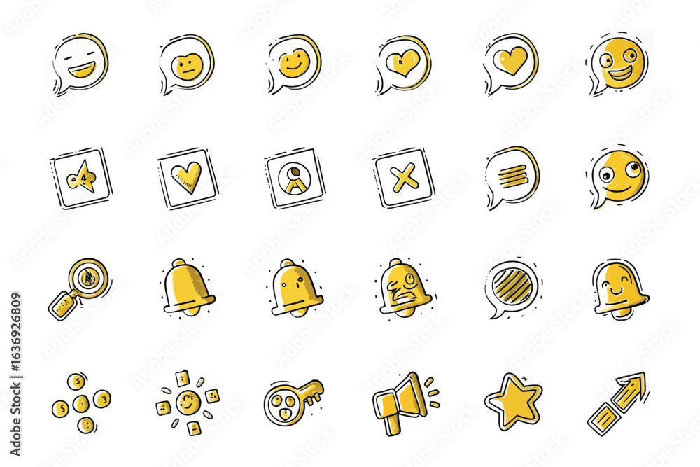 Aufkleber emoji and icon array: a vibrant array of hand-drawn emojis and icons bursts forth, capturing express