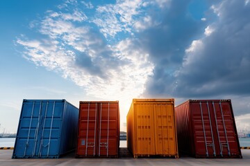 Colorful shipping containers against dramatic sky in industrial port setting