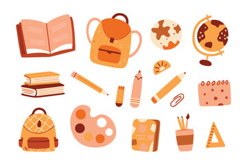 Back to School: A collection of vibrant illustrations representing a variety of essential school supplies, meticulously arranged to inspire learning and creativity in the classroom.