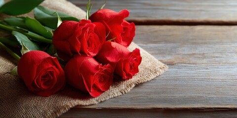 Vibrant red roses on burlap against rustic wooden background