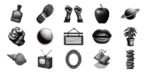 Vintage Black And White Cut-Out Objects Set. Retro Nostalgic Icon Collection Illustration Isolated On Transparent Background