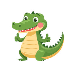 Naklejka premium A cheerful cartoon alligator giving a thumbs-up and a friendly smile. Its bright green skin and playful expression create a positive atmosphere.