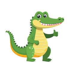 Fototapeta premium A cheerful alligator giving a thumbs-up, standing on two legs, with a friendly smile on its face. Its green scales and bright eyes create a playful and inviting vibe.