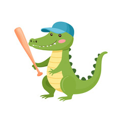 Obraz premium An adorable alligator dressed in a cap, holding a baseball bat, ready for play