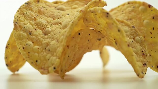 Close Up of Crunchy Golden Tortilla Chips Stacked on a White Background