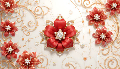 Red Diamond Flowers with Gold Filigree Design.