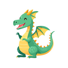 Obraz premium A smiling, friendly cartoon dragon with green scales, yellow horns, and adorable wings 