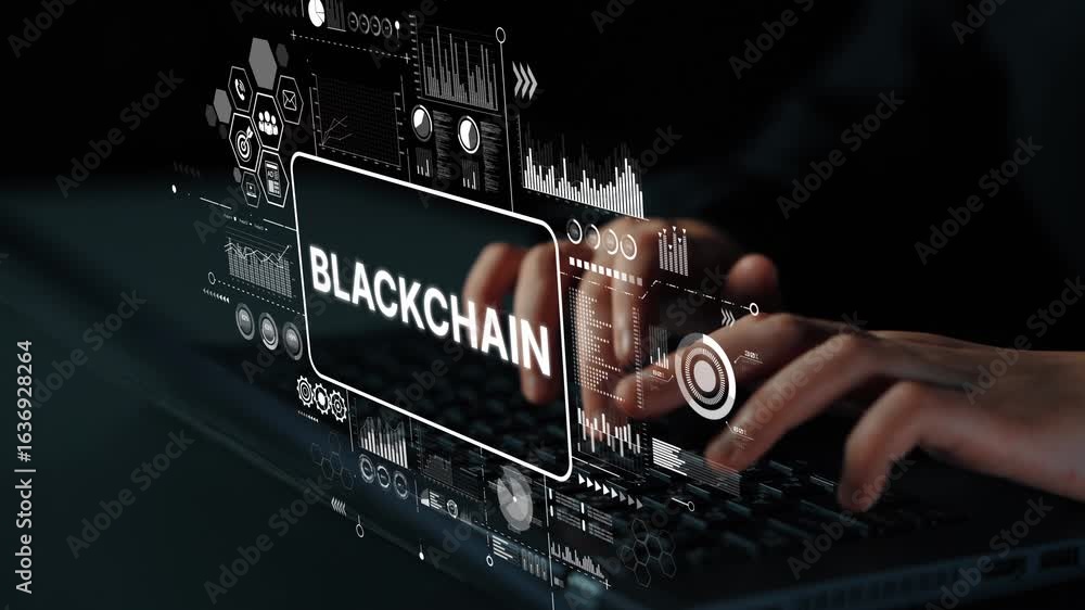 Poster hands typing on laptop with blockchain data visualization displayed on screen for technology and fin
