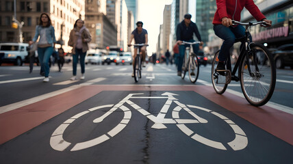 Obraz premium Close-up of a worn bicycle lane symbol on city pavement with blurred cyclists and vibrant urban life in soft daylight.