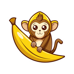 Playful monkey hiding inside a bright yellow banana peel vector illustration for kids, cartoons, tropical fruit humor and creative design projects