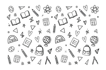 Education Doodle Pattern: Whimsical doodle pattern showcasing essential school supplies on a textured background. Perfect for educational design, adding a touch of creativity and charm.