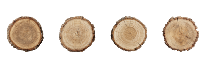 Wooden Tree Rings Cross-Section Set. Natural Growth Patterns And Texture Collection Isolated On Transparent Background