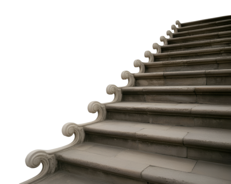 Classic stone staircase with balustrade isolated on white background showcasing elegant architecture
