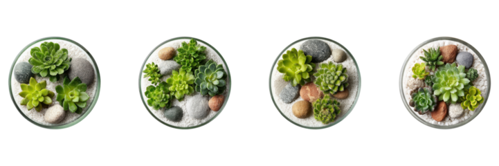 Succulent Terrarium Collection Set. Modern Indoor Plant Decor And Zen Garden Collection Isolated On Transparent Background