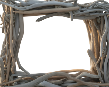 Rustic driftwood frame isolated on white background perfect for coastal and nature inspired decor
