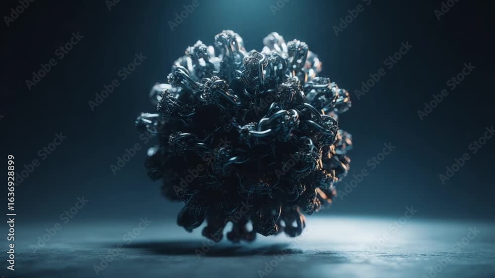 Poster a dark, metallic sphere with intricate, interconnected structures resembling a virus, sits on a dark