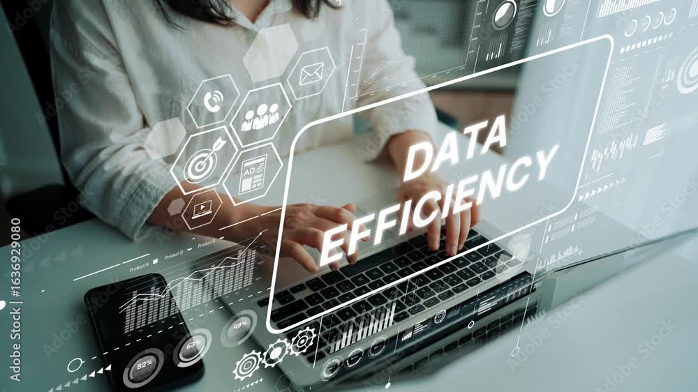 Poster professional woman using laptop with digital data efficiency graphics in modern office setting showc