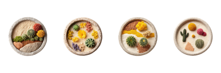 Miniature Desert Landscape Art Set. Creative Cactus And Sand Design Collection Isolated On Transparent Background