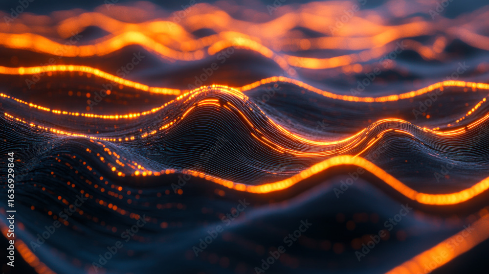 Aufkleber abstract design of flowing waves illuminated with glowing orange lines in a dark atmosphere during a