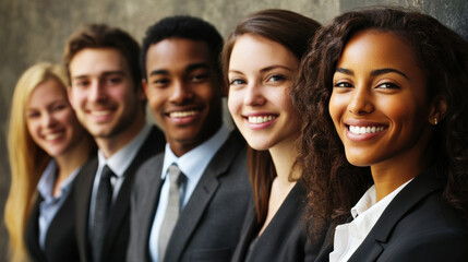 Group of five professionals smiling together in formal attire against a textured wall during a networking event