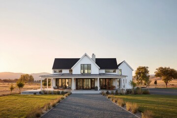 Modern luxury farmhouse with white exterior and spacious landscape at sunset in serene countryside setting