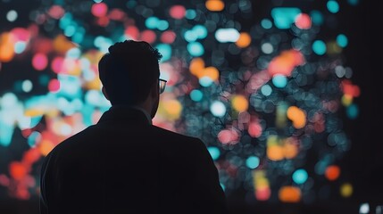 Silhouette Businessman Viewing Colorful Data Visualization Abstract Background