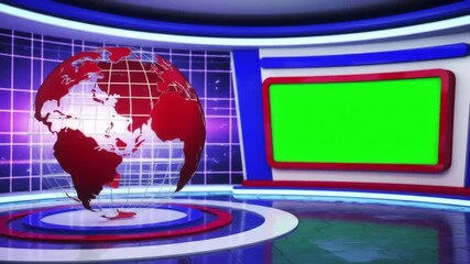 Virtual studio set background with green screen, globe and modern design for news, tv show, broadcast, media and digital presentation - Powered by Adobe