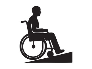 Fototapeta premium Black silhouette of person with disability in wheelchair on ramp isolated on white background. concept of accessibility, mobility aid, inclusive design, disabled icon, health awareness