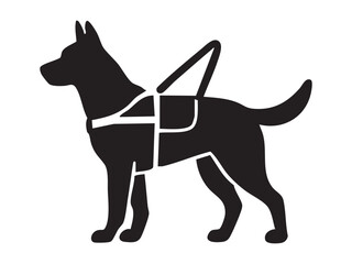 Silhouette of guide dog with harness, isolated on white background, graphic illustration. Concept of assistance animal, service dog, support for blind people, design element