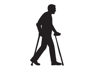 Black silhouette of person with a disability using crutches, isolated on white background, graphic illustration. concept of accessibility, support, mobility, human figure, design element