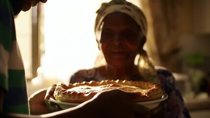 A happy black grandson and his grandmother smiling at a steaming homemade pie in a warm kitchen - Powered by Adobe