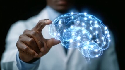 Advanced holographic brain and skeleton system displayed on screen, with a medical expert analyzing neural signals using futuristic technology smart medicine, virtual diagnostics - Powered by Adobe