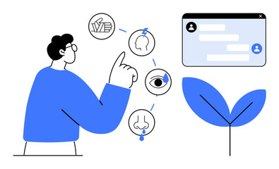 Man pointing at sensory icons for touch, smell, hearing, and vision with a chat window and a green leaf. Ideal for learning, interaction, communication, sensory education, eco-friendly apps growth