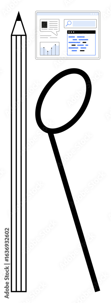 Poster pencil and magnifying glass represent analysis alongside a digital panel with search tools and data 