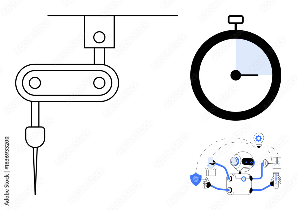 Poster robotic arm holding precision tool, stopwatch showing elapsed time, and robot managing tasks. ideal 