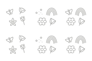Spring Floral Doodles: Delightful hand-drawn illustrations featuring floral and rainbow, a perfect blend of cuteness and creativity, ready to add a touch of whimsy and joy.