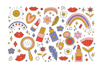 Beauty Product Collage: A vibrant, hand-drawn composition featuring a delightful array of beauty product illustrations including lipstick, mirror, perfume and flowers.