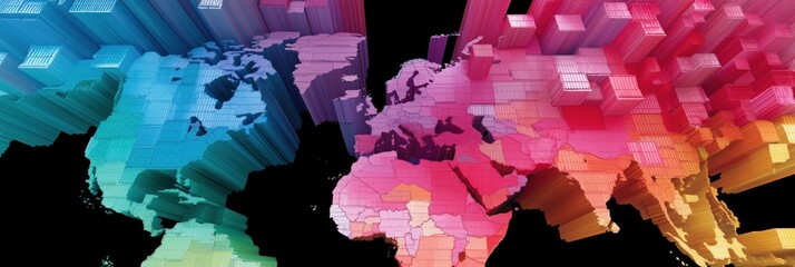 Colorful abstract world map with 3d vertical bars representing data visualization