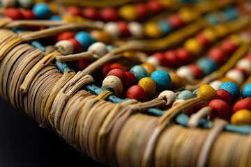 Vibrant, textured close-up of colorful beaded craftwork evoking artisanal tradition and global culture