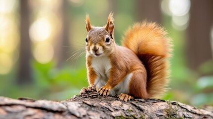 Obraz premium Funny red squirrell standing in the forest like Master of the Universe.