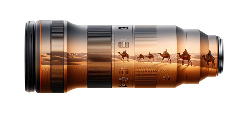 Telephoto camera lens with desert caravan reflection for marketing.
